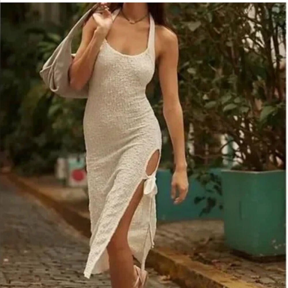 NWOT Free People Sea Foam textured midi dress bodycon tie neck, side slit sz m